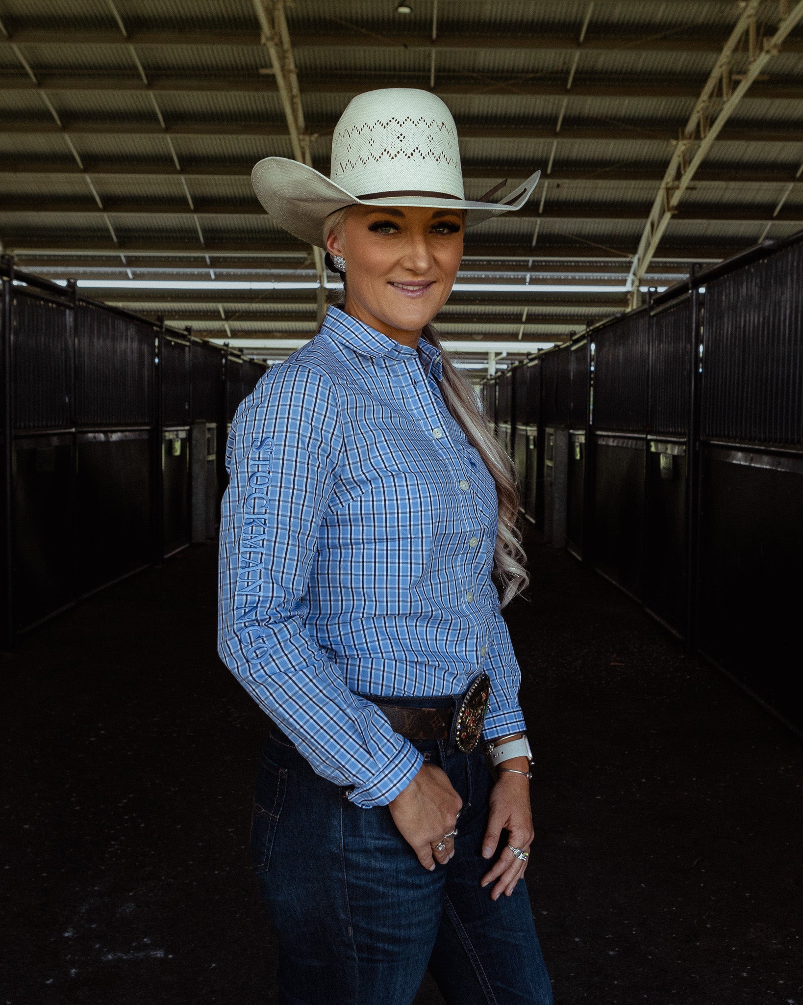 Gold Buckle Series Women's Arena Shirt - Blue & Black Check