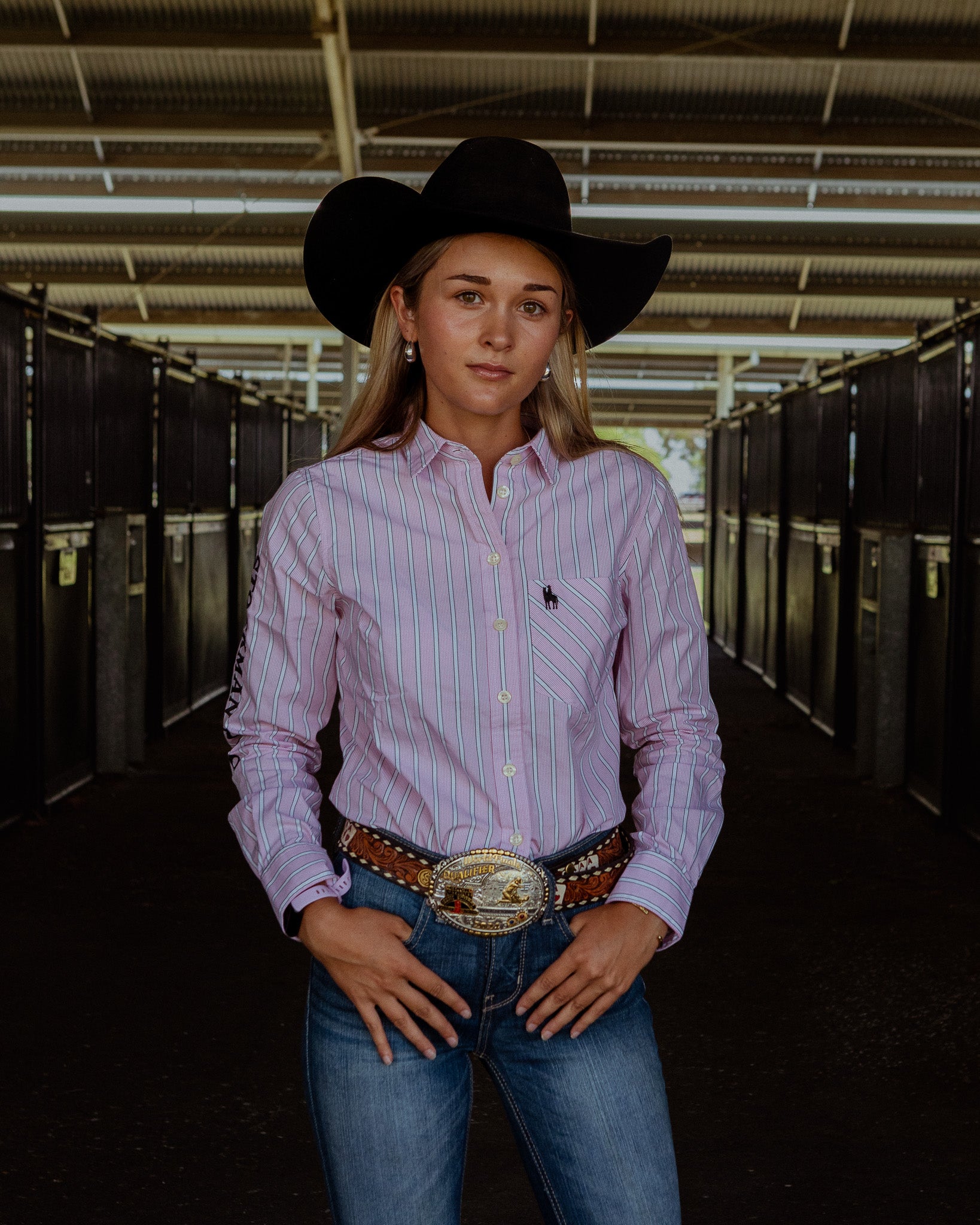 Gold Buckle Series Women's Arena Shirt - Pink & White Stripe