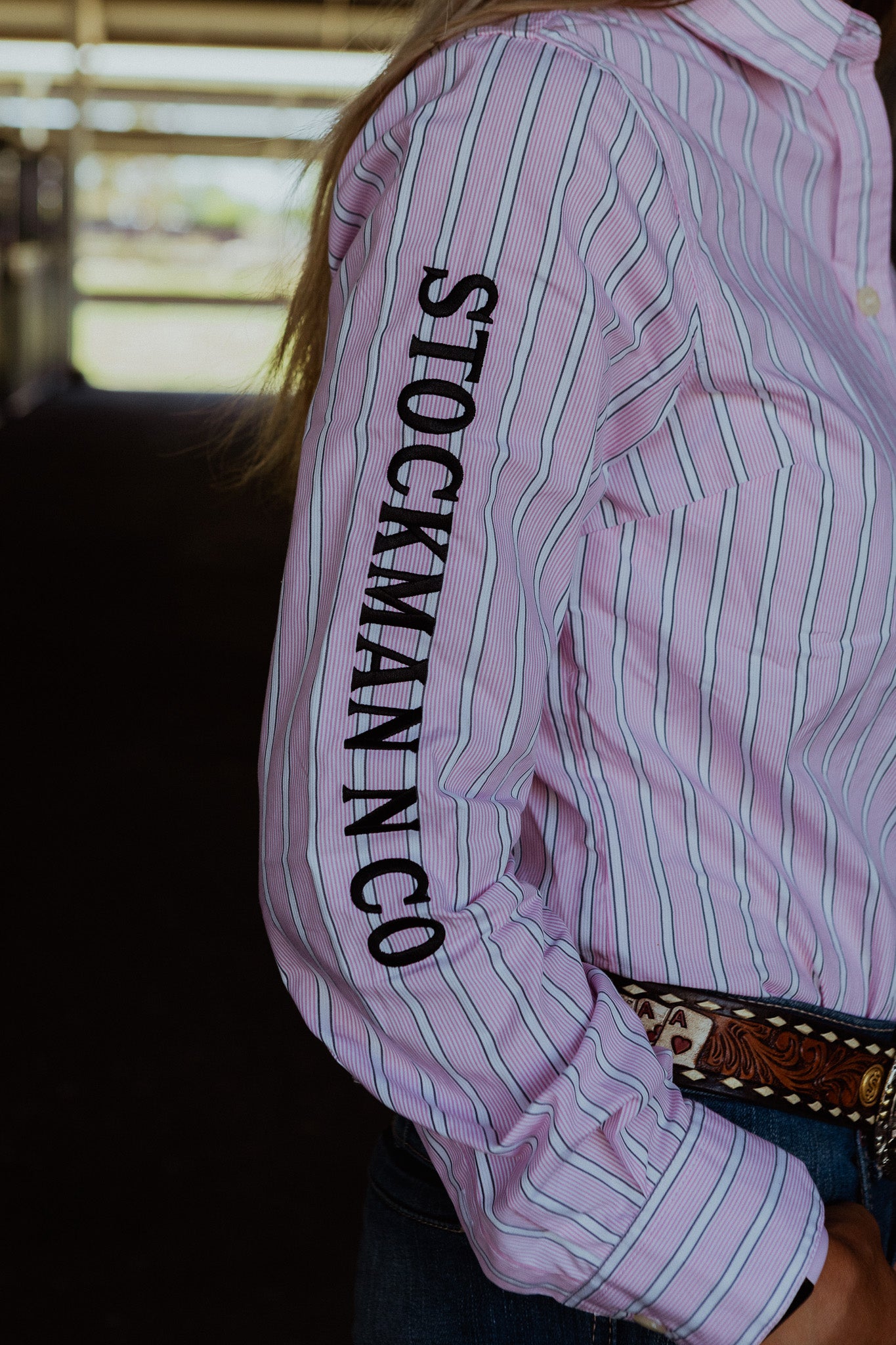 Gold Buckle Series Women's Arena Shirt - Pink & White Stripe