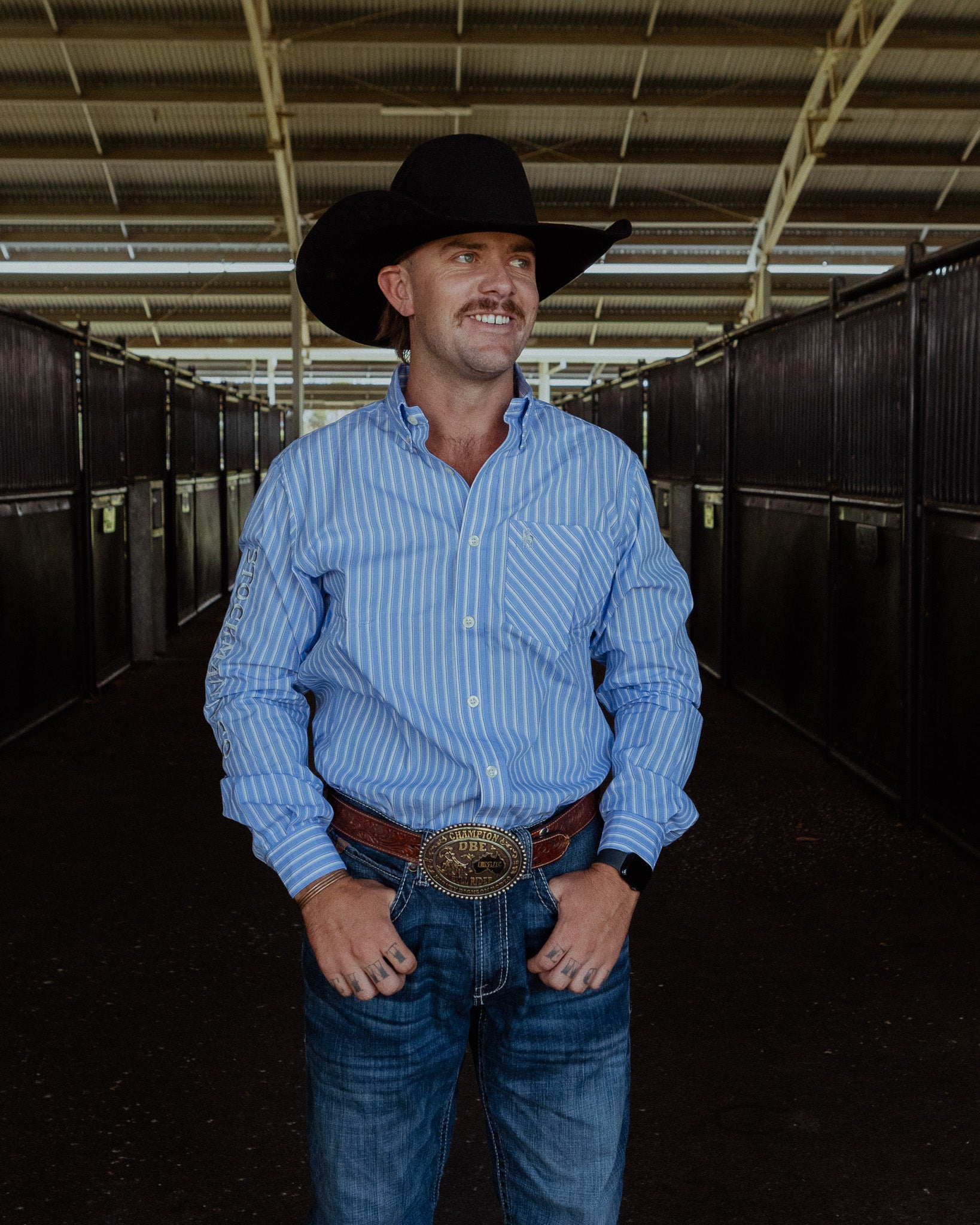 Gold Buckle Series Mens Arena Shirt - Sky Blue and White Stripe