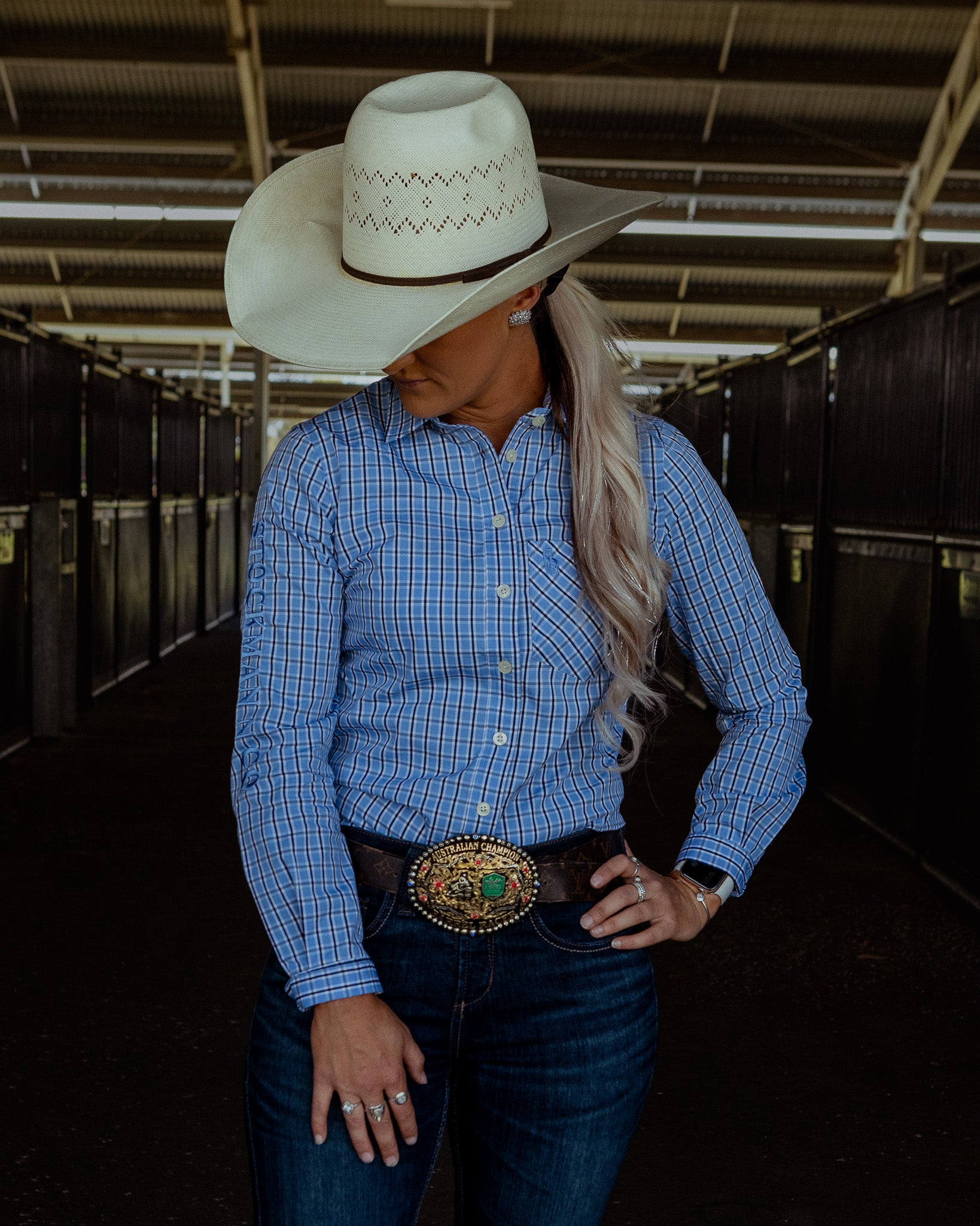 Gold Buckle Series Women's Arena Shirt - Blue & Black Check