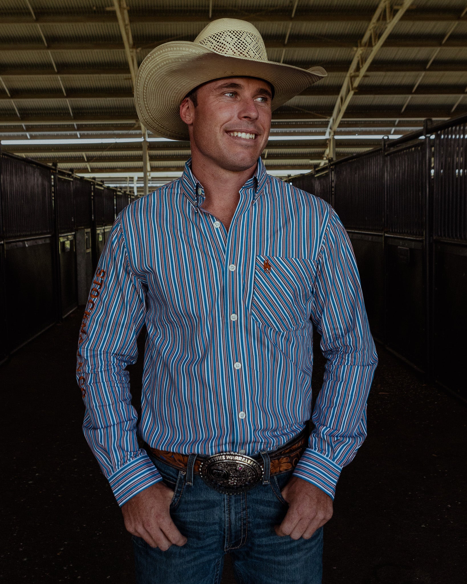 Gold Buckle Series Mens Arena Shirt - Blue and Bronze Stripe