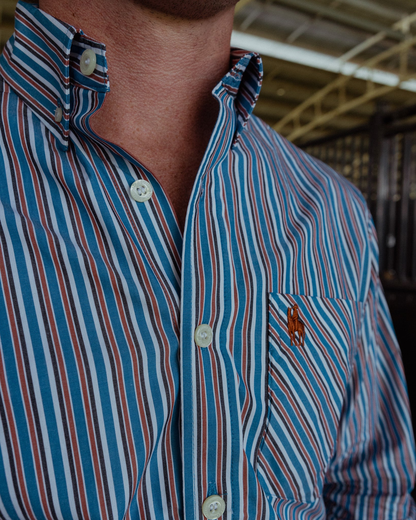 Gold Buckle Series Mens Arena Shirt - Blue and Bronze Stripe