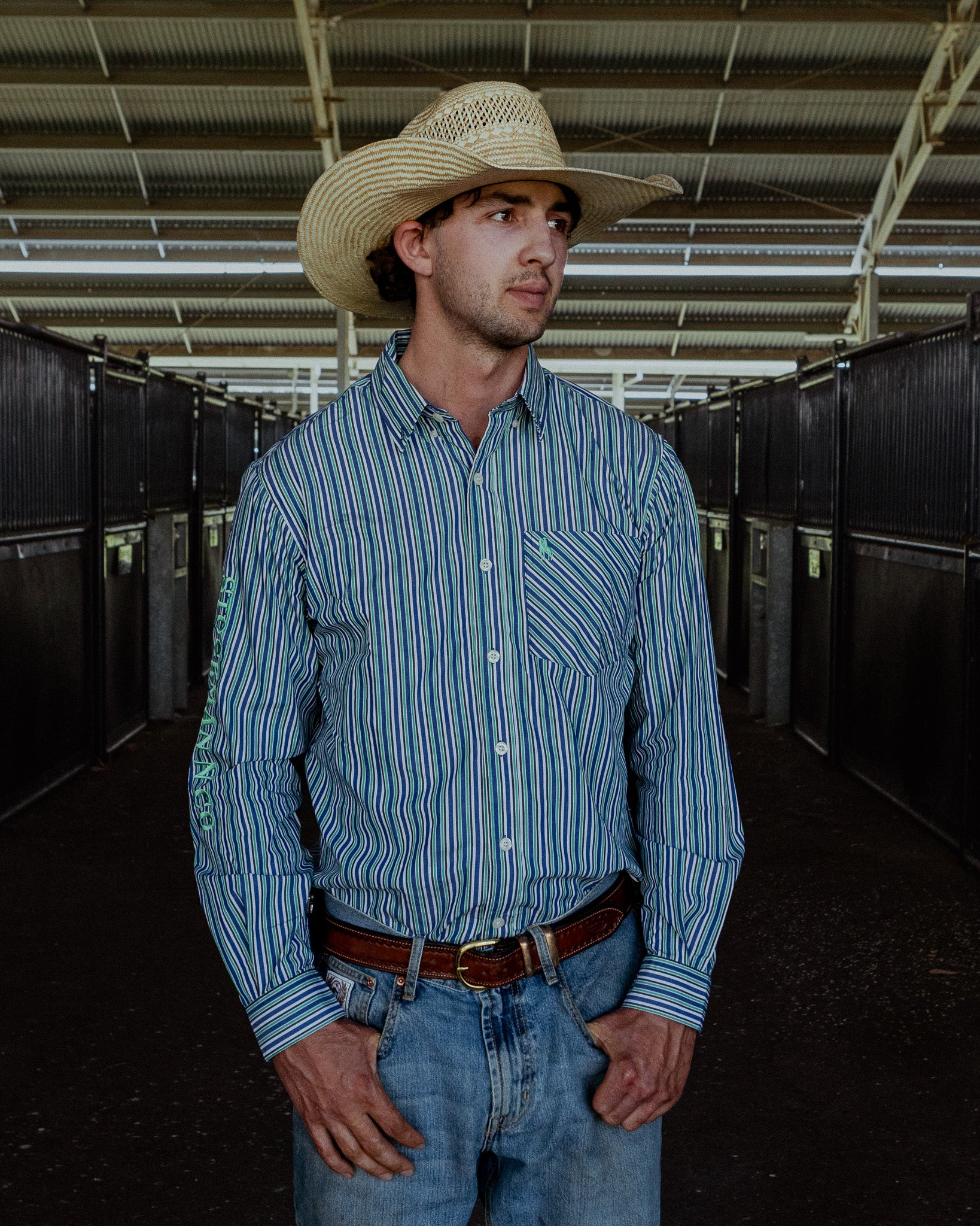 Gold Buckle Series Mens Arena Shirt - Green & Navy Stripe