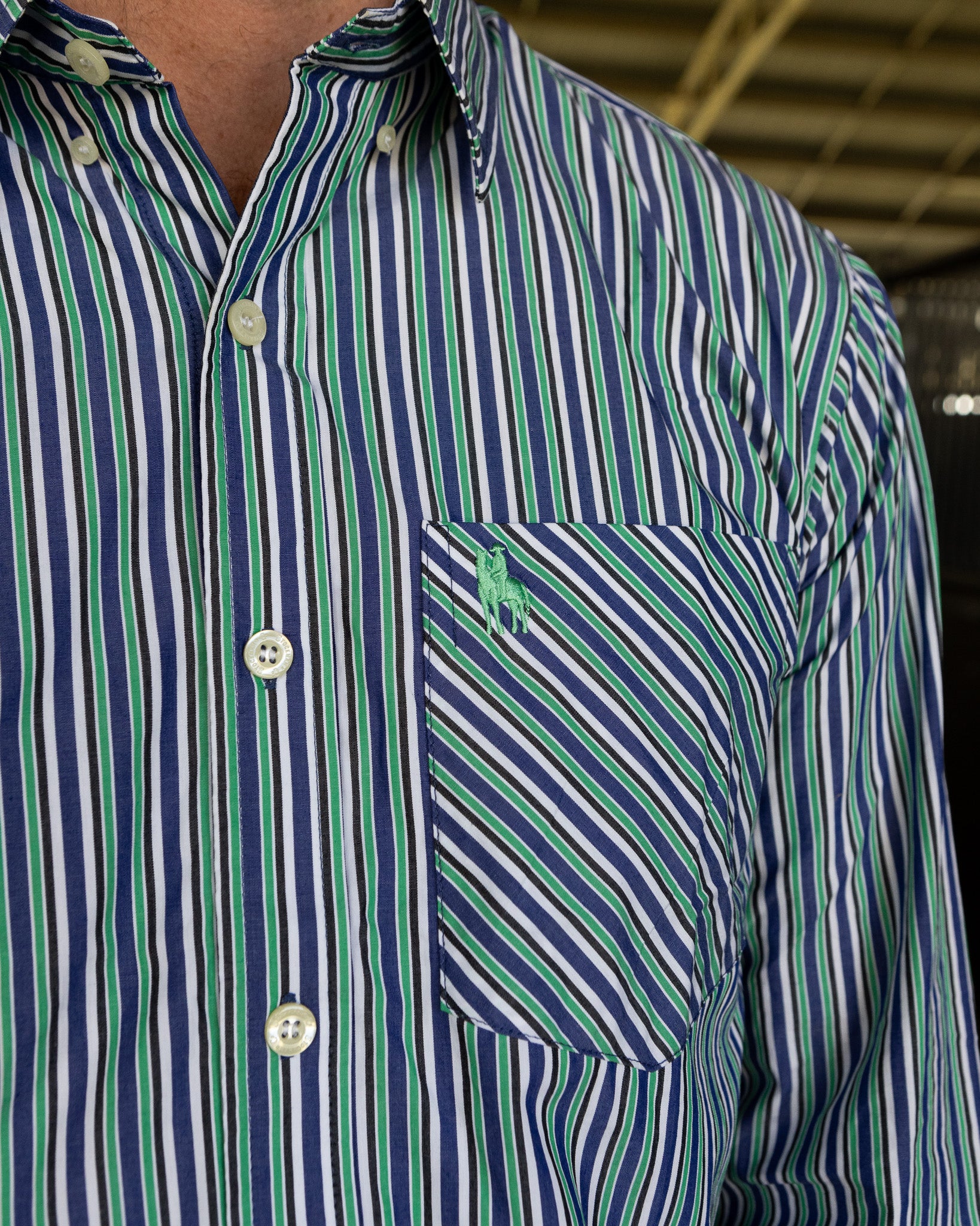 Gold Buckle Series Mens Arena Shirt - Green & Navy Stripe