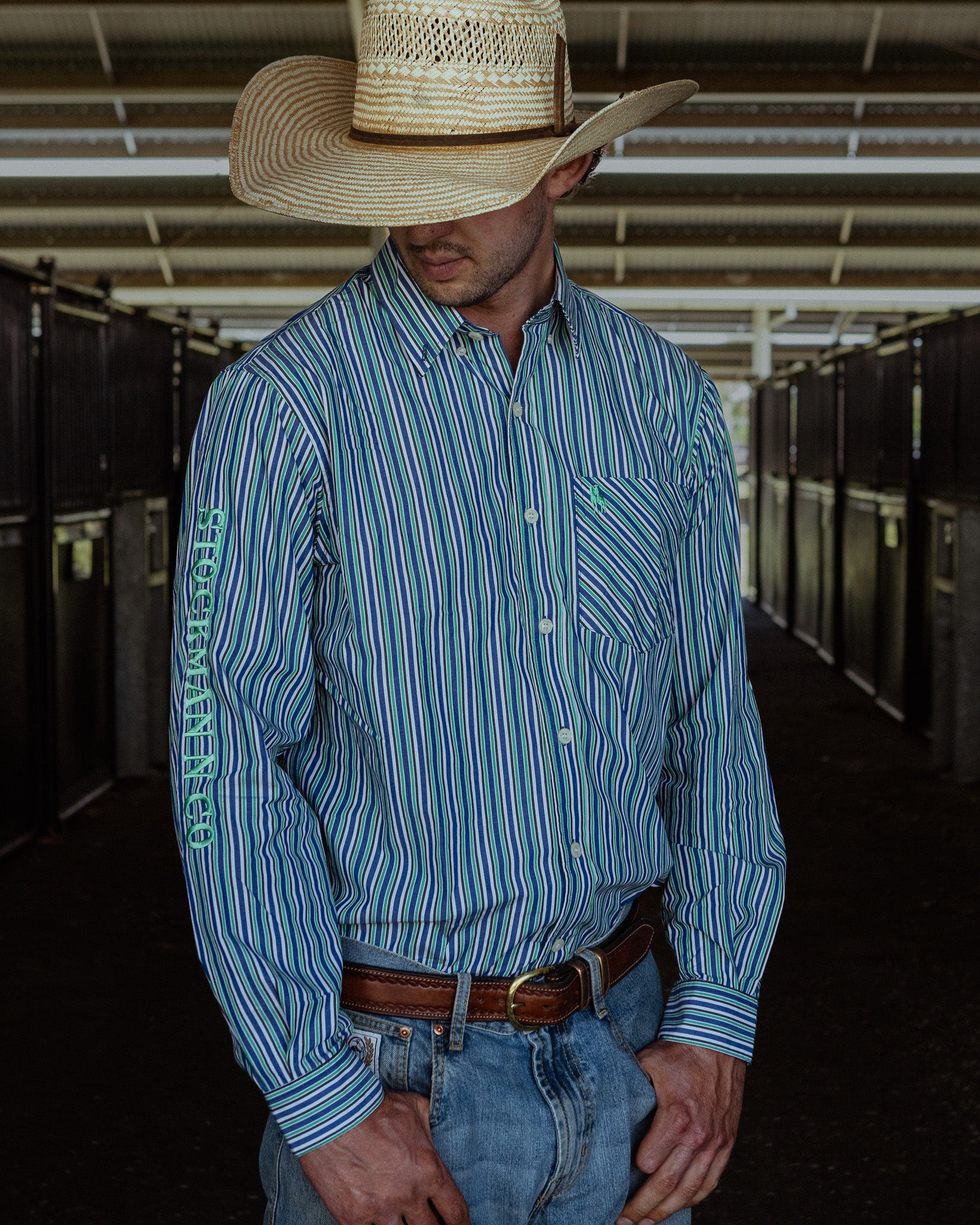 Gold Buckle Series Mens Arena Shirt - Green & Navy Stripe