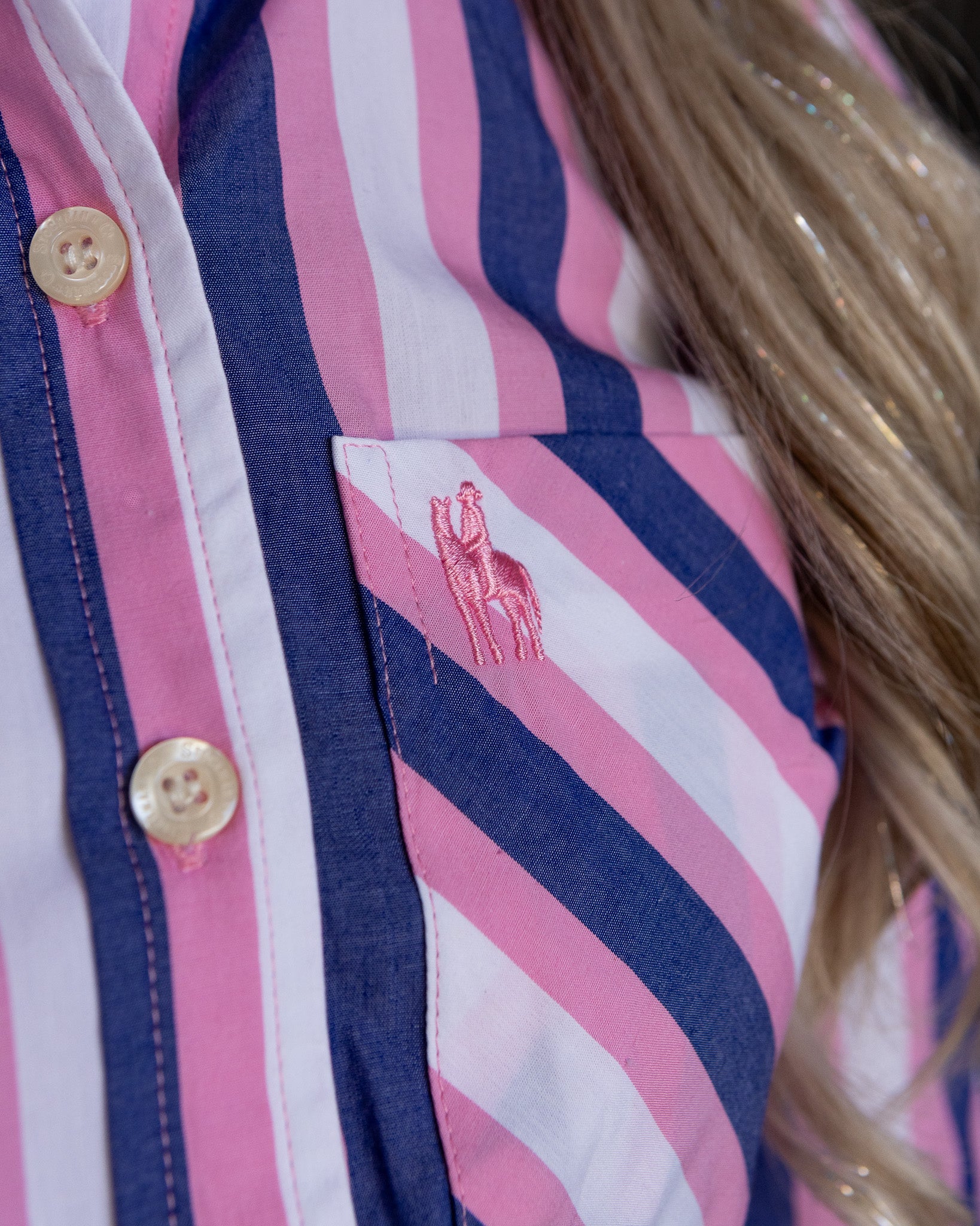 Gold Buckle Series Women's Arena Shirt - Pink & Navy Wide Stripe