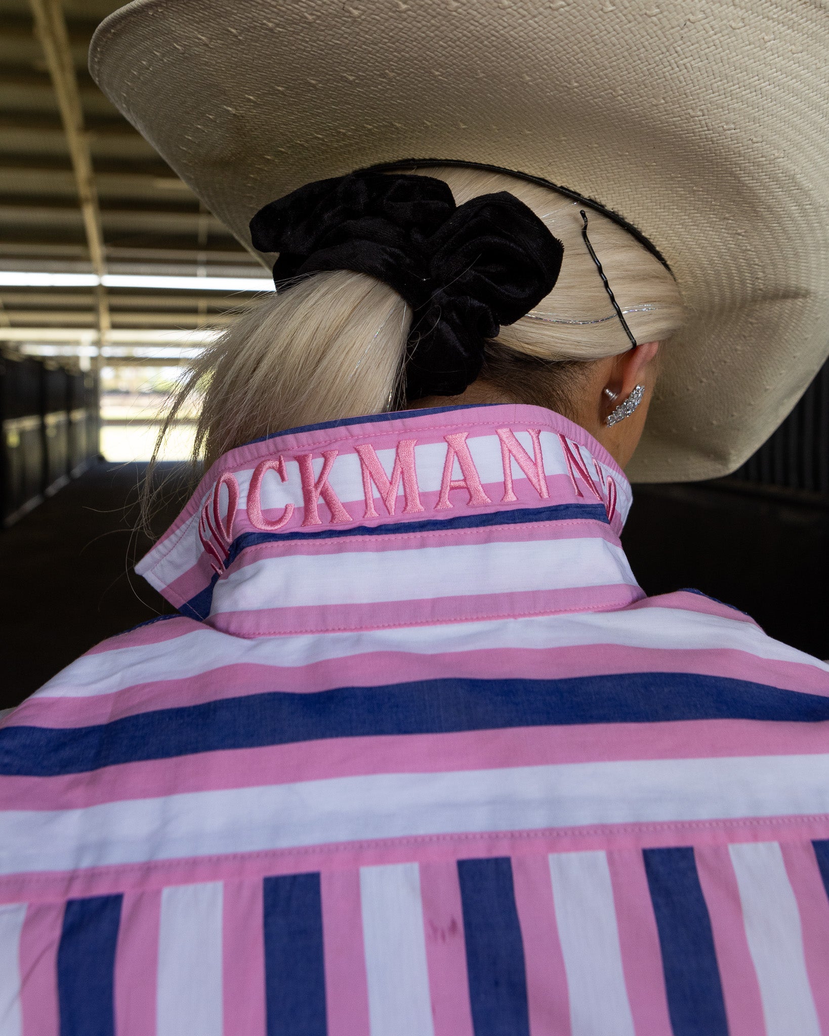 Gold Buckle Series Women's Arena Shirt - Pink & Navy Wide Stripe